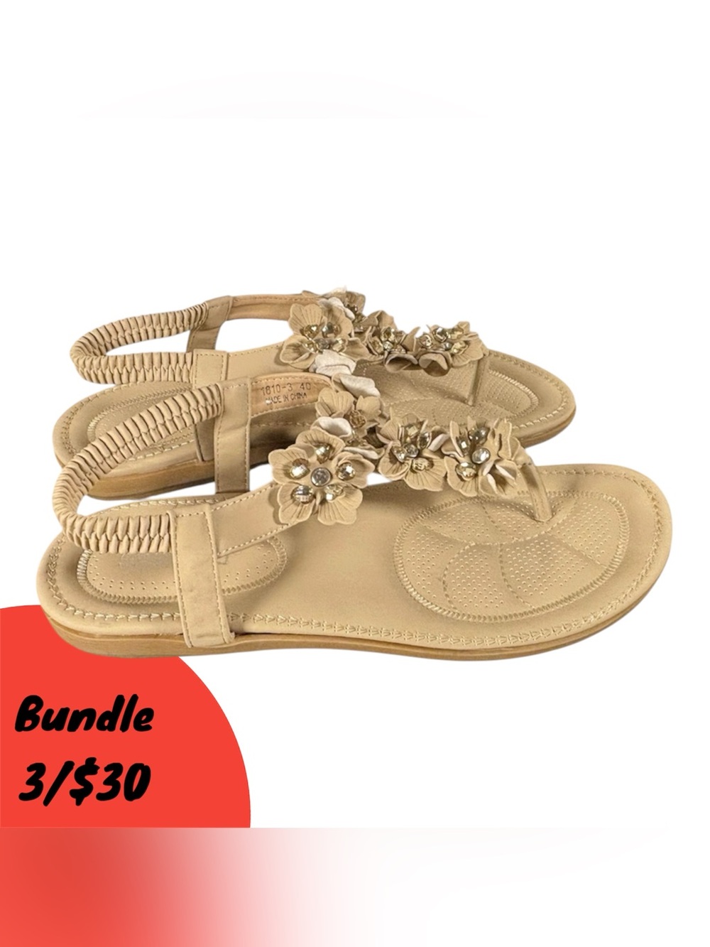 Saimeitu Beige Floral Embellished Slingback Thong Spring Summer Cute Sandals